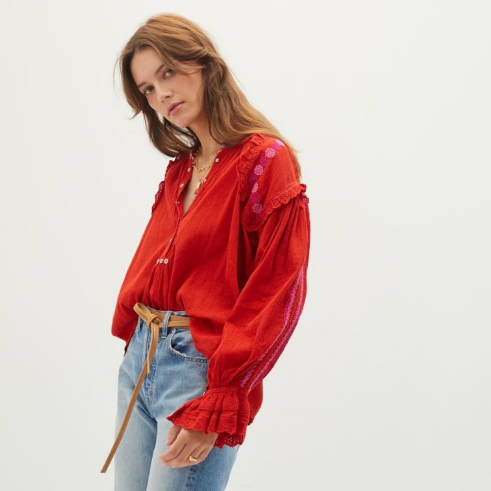 Anthropologie Antik Batik Red & Pink Embroidered Buttondown NWT Size Large